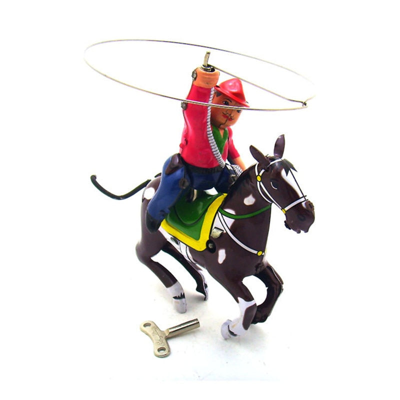 MS418 Vintage Cowboy with Whip Spinning Lasso Retro Clockwork Wind Up Tin Toy Collectible